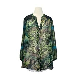 Figueroa & Flower Blouse Womens 2X Sheer‎ Green Lace Abstract Watercolor Boho